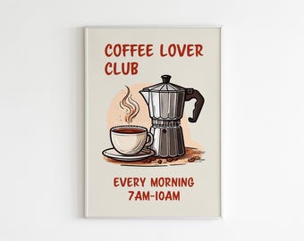 Coffee Poster, Coffee Lover Print, Morning Coffee Art, Espresso Decor, Cafe Digital Print, Kitchen Retro Art, Moka Pot Coffee, Illustration