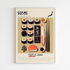 Sushi Poster, Japanese Print, Food Poster, Cafe Wall Art, Retro, Vintage Print, Digital Print, Bar Art Kitchen Decor, High Quality Printable