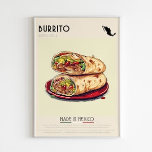 Cartel de burrito, impresión de comida mexicana, arte de burrito, decoración de la pared de la cocina, cocina mexicana, tacos, cartel de México, impresión de café, arte de bar, impresión digital
