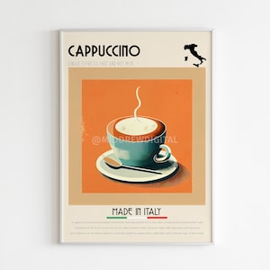 Cappuccino Poster, Kaffeedruck, italienischer Kaffee, Retro Poster, Cafe Wandkunst, Küchendeko, Cocktail Poster, minimalistisches Geschenk, Digitaldruck