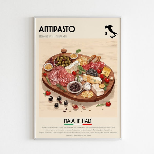 Antipasto Poster, Italian Food Print,  Kitchen Wall Art, Cafe Print, Italian Cuisine, Vintage Print, Digital Print, Kitchen Decor, Printable