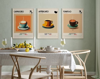 Set of 3 Coffee Poster Set, Espresso Print, Cappuccino Art, Americano, Cafe Decor, Kitchen Wall Set, Digital Print, Vintage Coffee Art