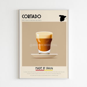 Cortado Poster , Coffee Print, Spanish Coffee, Retro Poster, Housewarming Gift, Kitchen Decor, Cafe Wall Art, Vintage, Digital Print