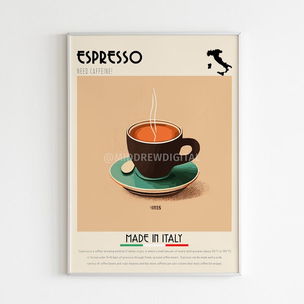 Cartel de espresso, impresión de café, café italiano, cartel retro, arte de la pared del café, decoración de la cocina, cartel del hogar, regalo minimalista, impresión digital