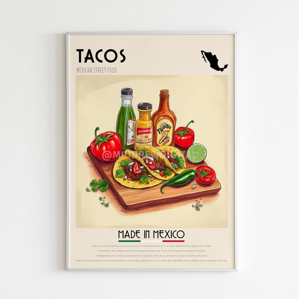 Tacos Poster, Mexican Taco Food Print, Kitchen Wall Art, Taco Art, Cafe Print, Mexico Poster,Tacos Picture,Digital Print, Mexico City,Juarez