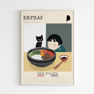 Cartel de Bibimbap, Impresión de comida coreana, Arte de cocina moderno, Decoración de pared de cafetería, Cartel de chef, Arte de bar, Impresión vintage, Regalo de casa retro, Impresión digital