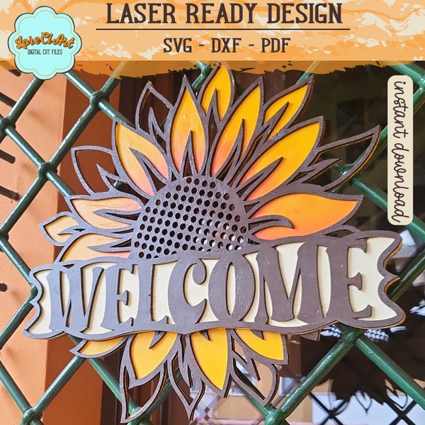 Sunflower svg laser cut file for front door decor and fall porch decor and door sign svg with welcome multilayer ornament