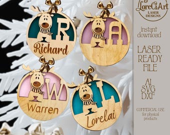 Christmas ball ornament laser file with monogram reindeer snowflakes for personalized Christmas balls or Baby First Christmas ornament SVG