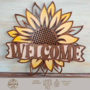 Arquivo SVG de girassol cortado a laser com placa de boas-vindas SVG para decoração de varanda de outono ou verão. Suporte de porta SVG para placa de boas-vindas de madeira.