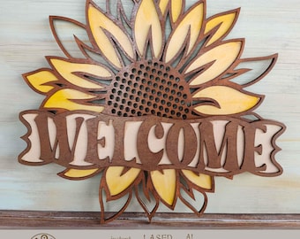 Sunflower laser cut file SVG with welcome sign SVG for fall porch decor or summer porch sign. Door hanger SVG for wooden welcome sign