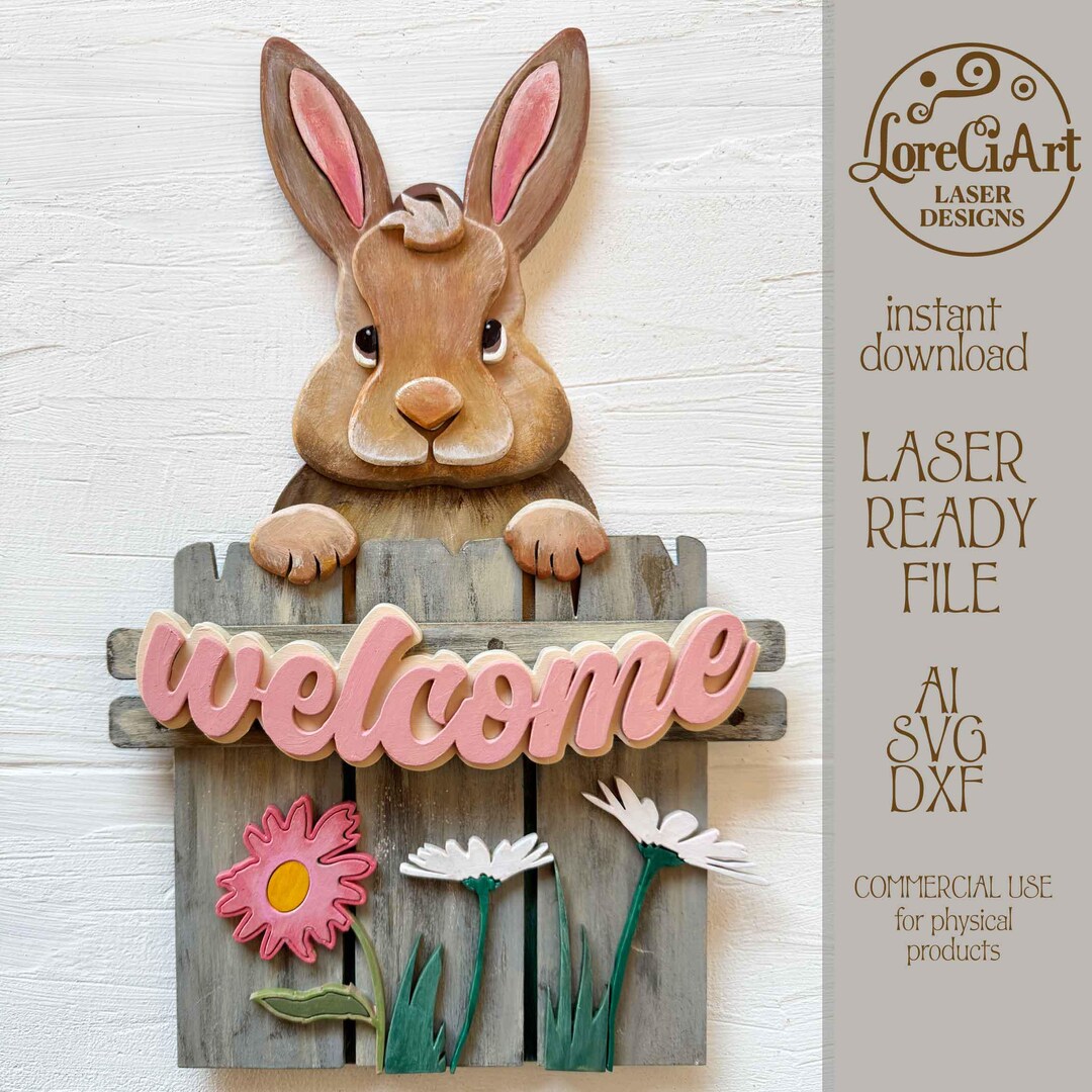 Bunny Welcome Sign Laser Cut File: Easter Door Hanger SVG (digital ...