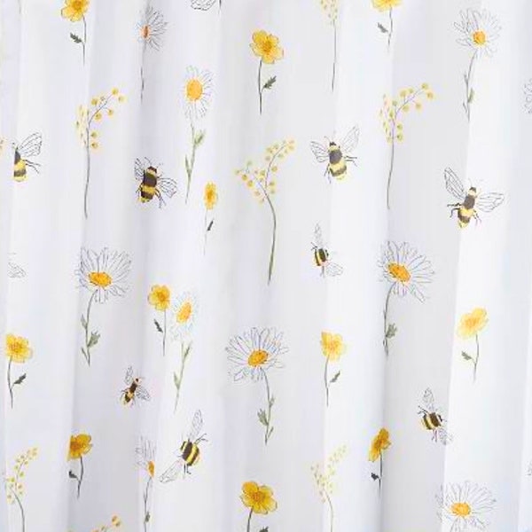 Daisy Floral Bee Print White Shower Curtain 180 x 180 Cm Waterproof Bathroom Bath Curtain Yellow White Flowers