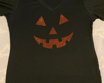 Spangle PUMPKIN FACE BLING women's Vneck