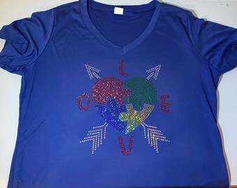 Spangle Autism awareness women&#39;s vneck bling.