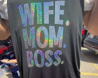 Spangle WIFE. MOM. BOSS.  All silver women's bling racer back tee