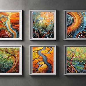 6 Original Schöne Native Australian Aboriginal Prints Bundle mit 6 Digitaldrucken Eklektisches kulturelles Kunst-Set zum Geschichtenerzählen
