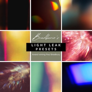 Könnte beinhalten: Eine Sammlung von Light-Leak-Presets für die Fotobearbeitung. Die Presets heißen "Bradbury's Light Leak Presets" und werden als "Award winning Paul Bradbury" beschrieben.