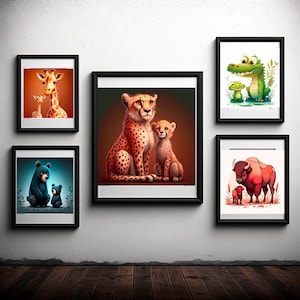 May include: Five framed illustrations of animals and their young. The illustrations are in a cartoon style and feature a giraffe, cheetah, bear, bison, and alligator.