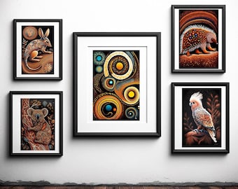 Aboriginal Art Prints, Australian Animals Digital Prints (Set of 5)