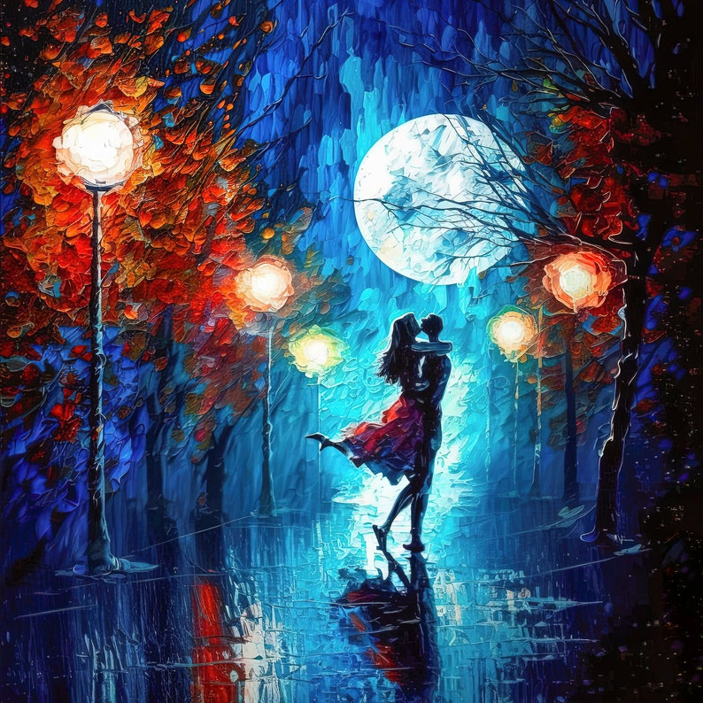 May include: An impressionistic painting depicts a romantic scene under a full moon. A couple is embracing and kissing on a wet street, with streetlights and trees lining the sides. The color palette includes blues, reds, and oranges.