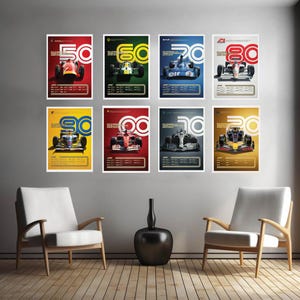 Upgraded Improved 5*7 Printable For Dad poster collection 8 Decades of Formula 1 Racing: Commemorative Set of 8 Awesome Poster Digital print