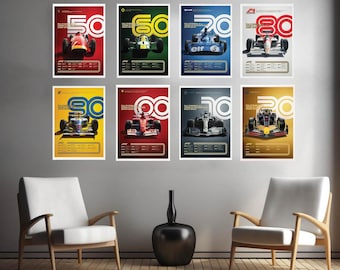 Formula 1 Racing Poster Set: 8 Decades, F1 Car Prints (Digital Print)