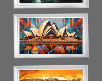 Grabados de arte aborigen australiano, puerto de Sídney, Ópera de Sídney (impresiones digitales)