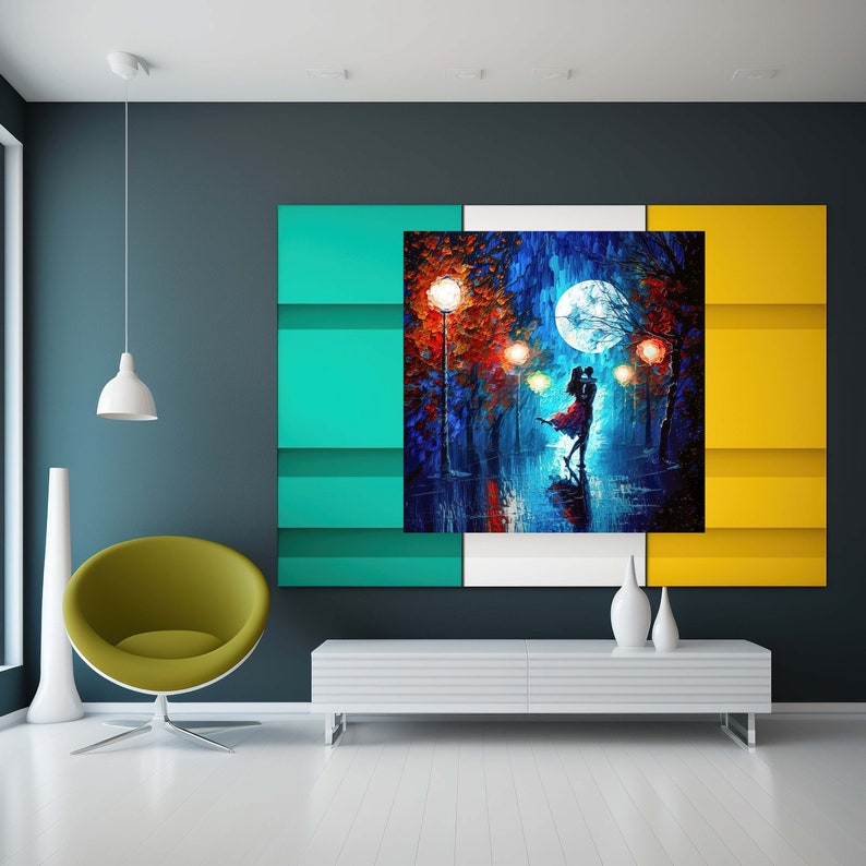 May include: A romantic painting depicts a couple embracing under a full moon and streetlights. The artwork features vibrant colors, with a focus on blues, reds, and oranges, creating a dramatic and emotional scene. The painting is displayed on a wall with a modern design.