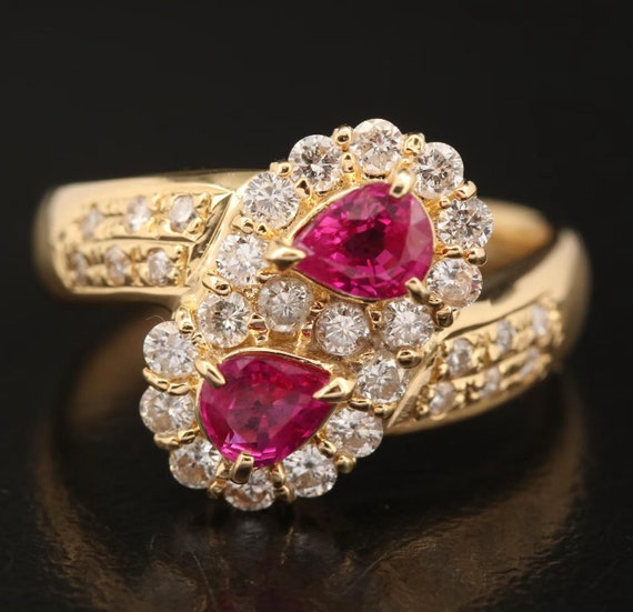 18K Double Pear Shaped Ruby & Diamond Ring - image 1