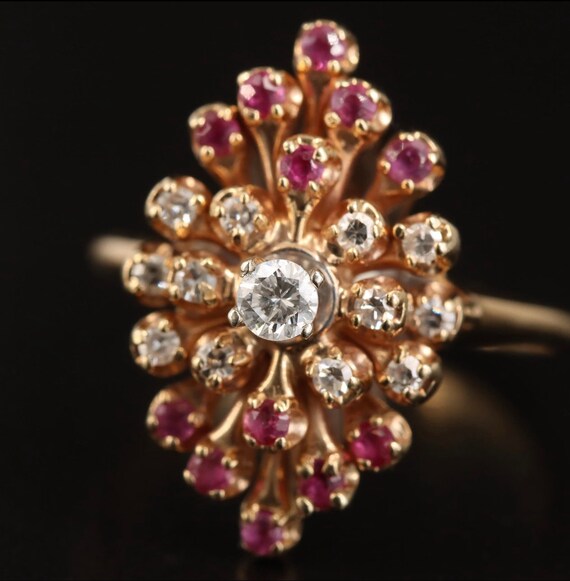 14K Ruby & Diamond Cluster Navette Ring - image 3