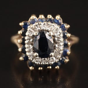 14K Blue Opaque Oval Sapphire and Diamond/Sapphire Halo Ring
