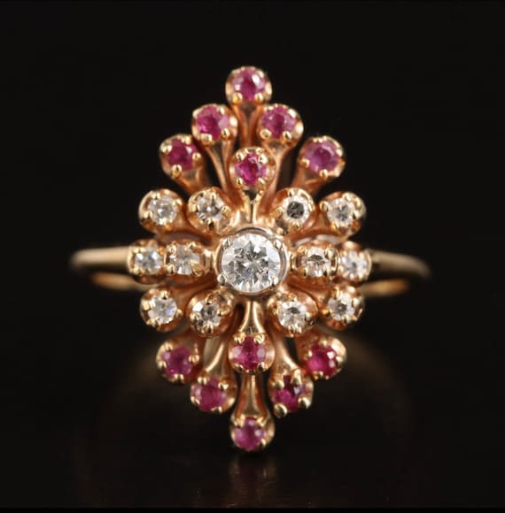 14K Ruby & Diamond Cluster Navette Ring - image 1