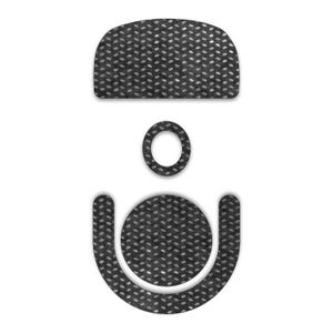 May include: A set of black, textured, adhesive pads for a device. The set includes a rectangular top piece, a small circular piece, and a larger piece with a circular centre and curved sides, all with a dotted pattern.