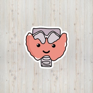May include: A cartoon illustration of the thyroid gland, a butterfly-shaped organ in the neck, with a smiling face.