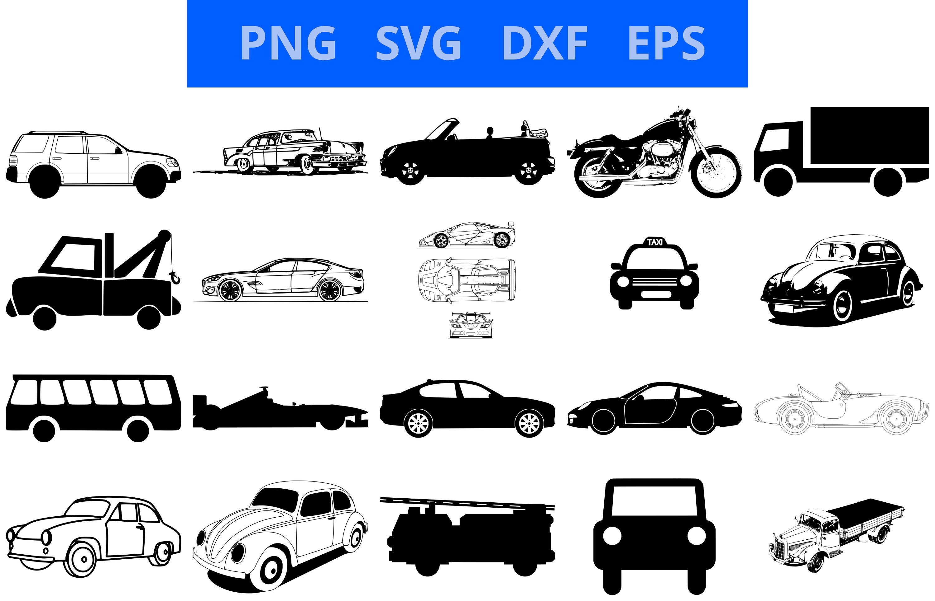20 Cars Svg Pack, Cars DXF EPS PNG, Car Silhouette Svg, Car Silhouette