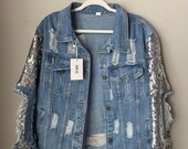 Vintage Distressed Denim Sequin Bling Jacket Women s