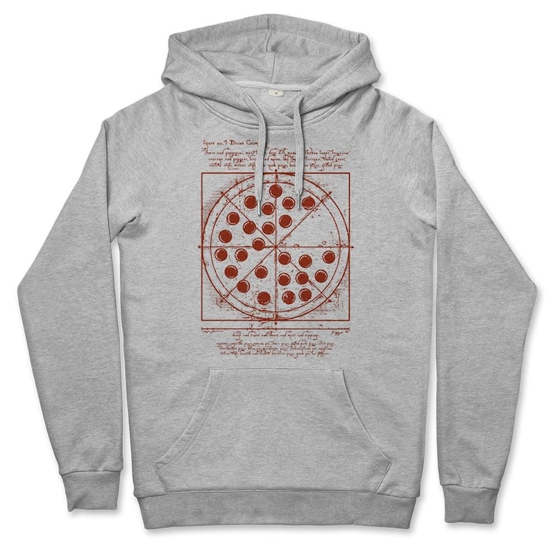 May include: A gray hoodie with a front pocket and a hood. The front of the hoodie features a red pizza design with pepperoni and text. The pizza design is reminiscent of a blueprint or technical drawing.