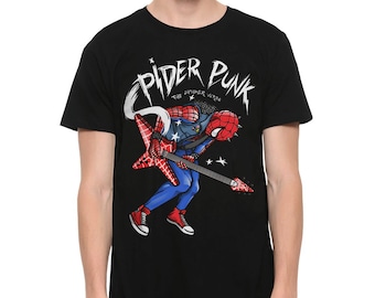 ギター付きスパイダーパンク Tシャツ、スパイダーマン シャツ、メンズとレディースのサイズ (SPI-76511)