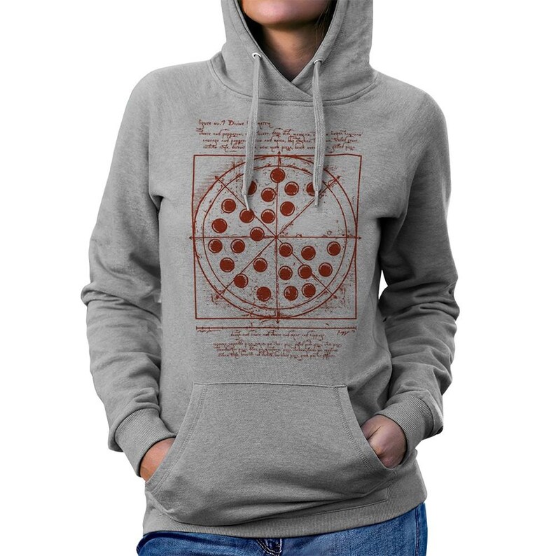 May include: A gray hooded sweatshirt featuring a red pizza graphic with pepperoni and text. The pizza design is inside a square with lines and text, resembling a diagram. The sweatshirt has a front pocket and a drawstring hood.
