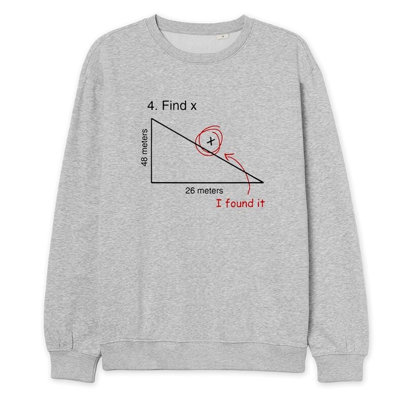 Puede incluir: Sudadera gris claro con un gr&aacute;fico de un problema de matem&aacute;ticas. El problema pide "Encuentra x" con un tri&aacute;ngulo etiquetado 48 metros y 26 metros. Una flecha roja apunta a la respuesta con el texto "I found it".