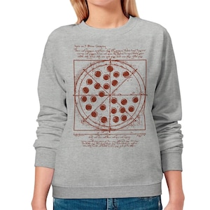 May include: A light gray sweatshirt featuring a pizza design with a brown graphic. The pizza graphic has a grid-like structure with text and a circle divided into sections, each with a brown circle. The text reads "Square w. 7 Divine Geometry."