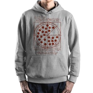 May include: A gray hoodie with a front pocket and a hood. The front features a red diagram of a pizza with text. The pizza design has a vintage, scientific illustration style.