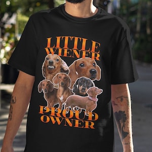 May include: Black t-shirt with the text "Little Wiener Proud Owner" in orange. The shirt features a graphic of several dachshund dogs in various shades of brown and black.