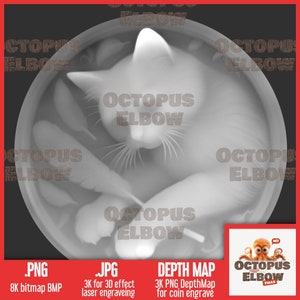 Cat - Laser Burn 3D, 8K File for Engrave, Depth Map for Fiber or CNC Milling Machine, Coin Engraving, 3 files