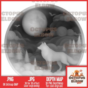 Può includere: Un'illustrazione digitale in scala di grigi di un lupo in piedi in una foresta sotto una luna piena. L'immagine è circolare e ha un effetto testurizzato in 3D. Il testo "OCTOPUS ELBOW FILES" è visibile nell'angolo in basso a destra.