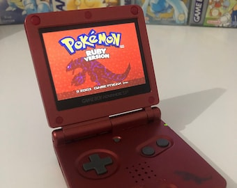 Nintendo Gameboy Advance SP with Backlit IPS V3 Screen Mod Custom Groudon Shell Retro Pixel Kit 850mAh Battery