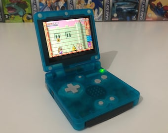 Nintendo Gameboy Advance SP with Backlit IPS V2 Screen Mod Custom Clear Teal Shell Retro Pixel Kit 850mAh Battery