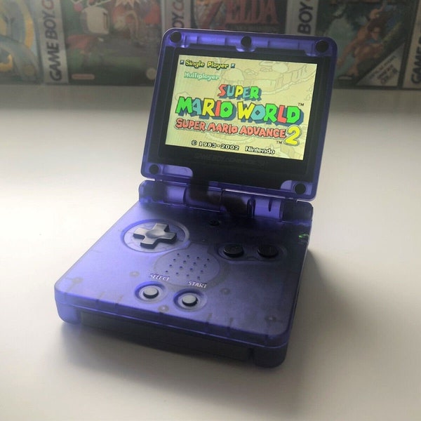 Nintendo Gameboy Advance SP with Backlit IPS V3 Screen Mod Custom Clear Purple Midnight Blue Shell Retro Pixel Kit 850mAh Battery