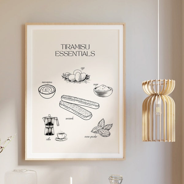 Tiramisu essentials poster, arte della parete del cibo italiano, poster della cucina, stampa d'arte della ricetta illustrata, decorazione della parete del ristorante Bakery artwork