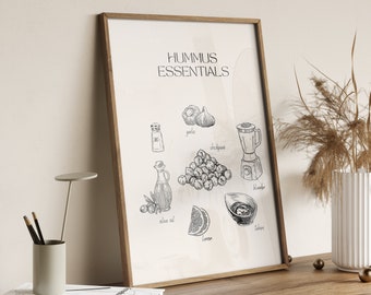 Hummus essentials poster, Printable hobby prints, Kitchen poster, Illustrated recipe art print, Restaurant wall decor, Bakery artwork